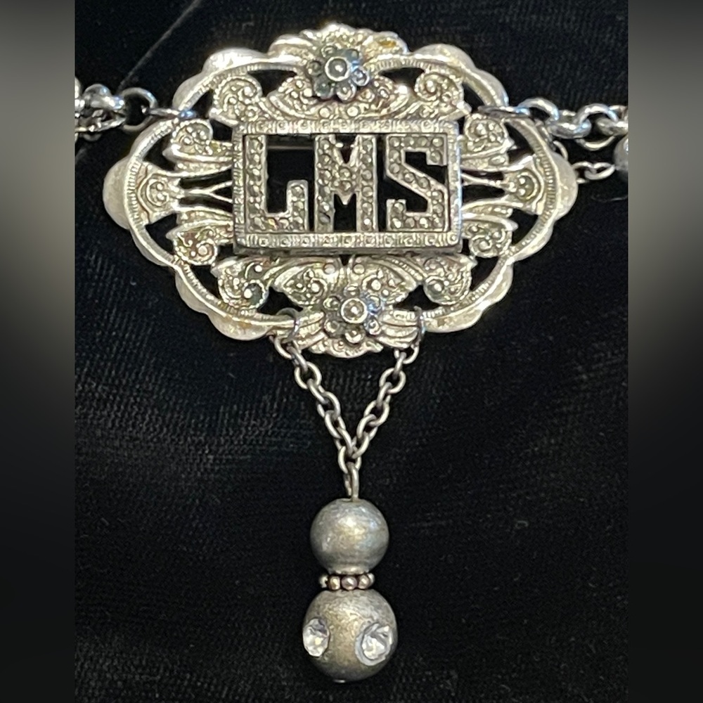 Cupids Charm Vintage Silver Monogram Pin/Necklace with Rhinestone & Silver Beads
